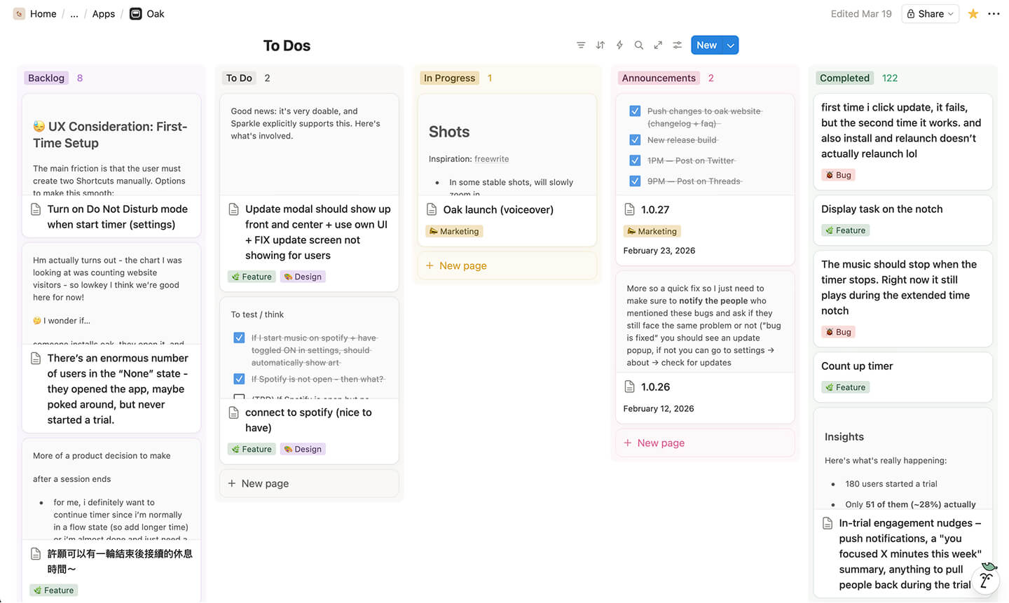 Notion Kanban for Oak tasks